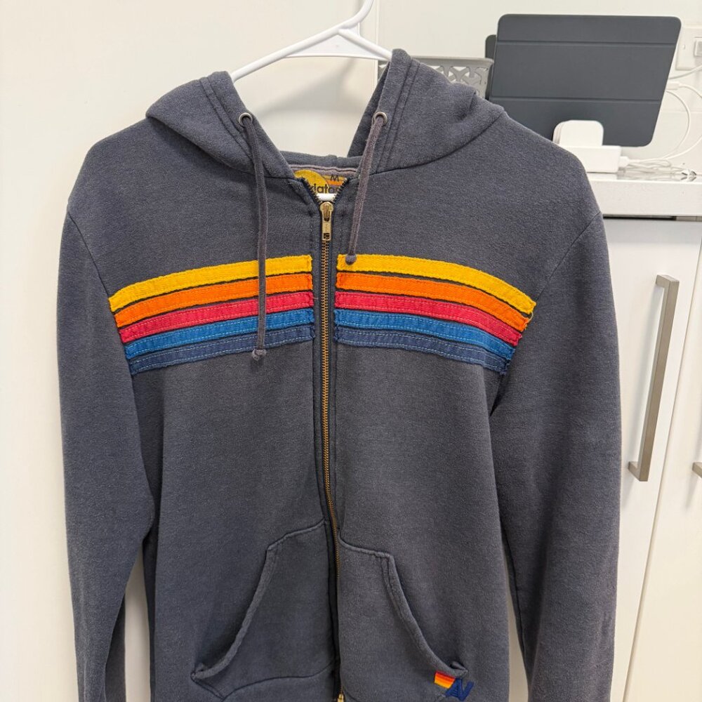 Aviator Nation 5 Stripped Hoodie Navy with Rainbow Stripes Size Medium